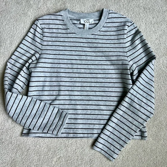COS CLEAN CUT REGULAR LONG-SLEEVED T-SHIRT, grey/striped, size S - Picture 1 of 8